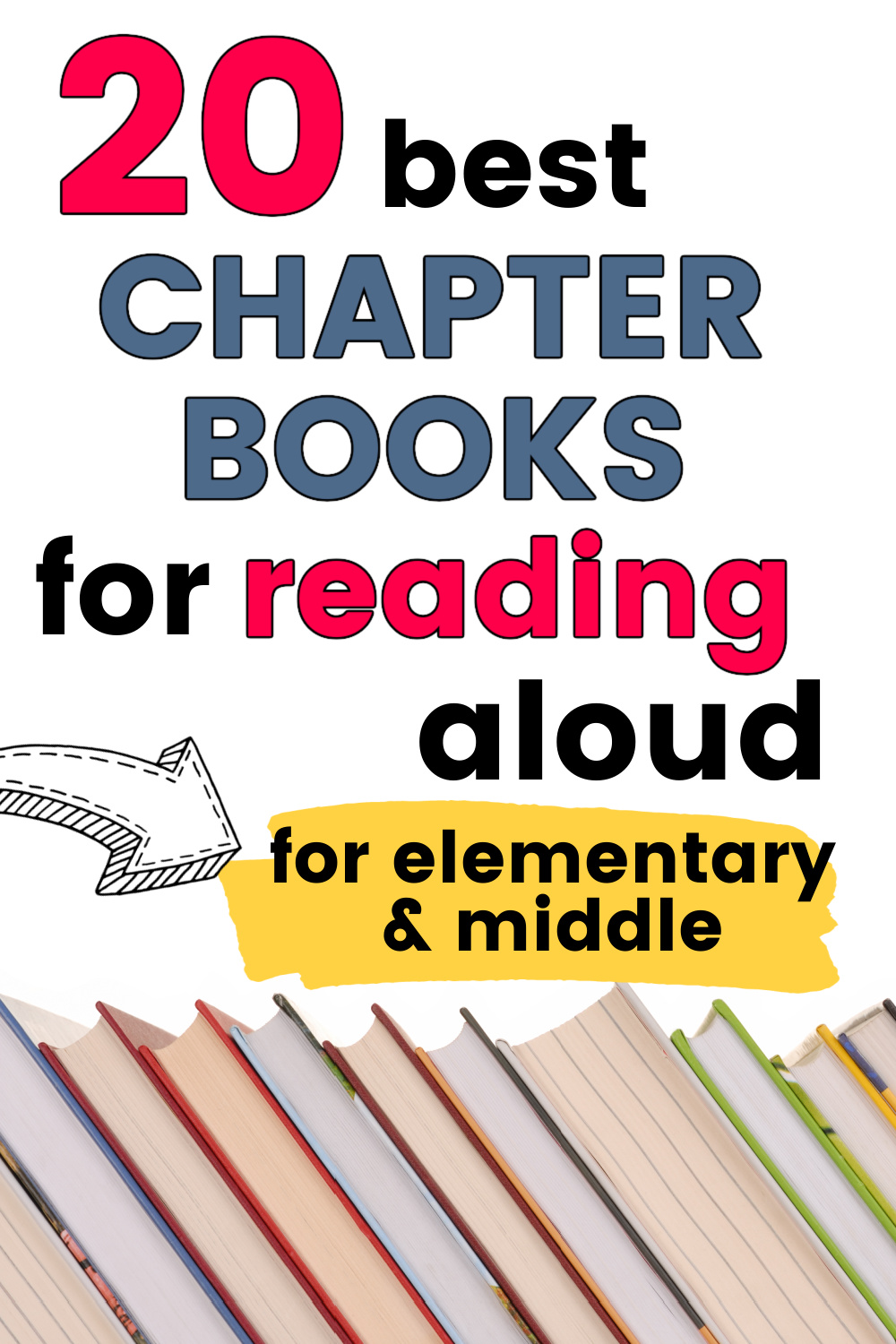 books stacked but tilted sideways, with text overlay, "20 best chapter books for reading aloud for elementary and middle"