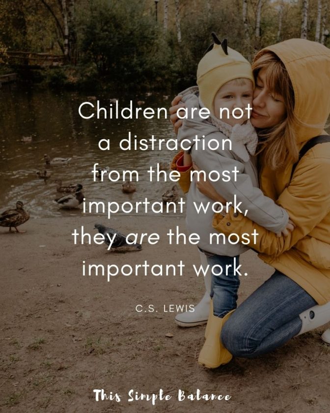 young mom hugging toddler boy outside on cold day at pond with beach and ducks in background, with text overlay, "Children are not a distraction from the most important work, they are the most important work. CS Lewis"