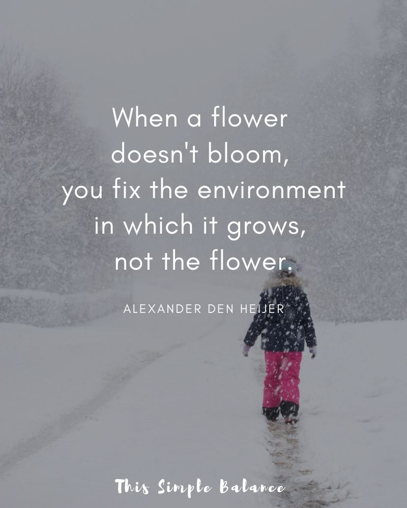 child walking in snow, quote overlay, "When a flower doesn't bloom, you fix the environment in which it grows, not the flower."