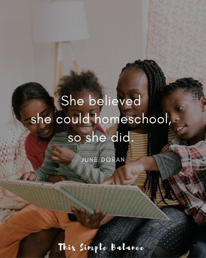 homeschool family sitting together on couch reading a picture book, with text overlay, "She believed she could homeschool, so she did. June Doran"