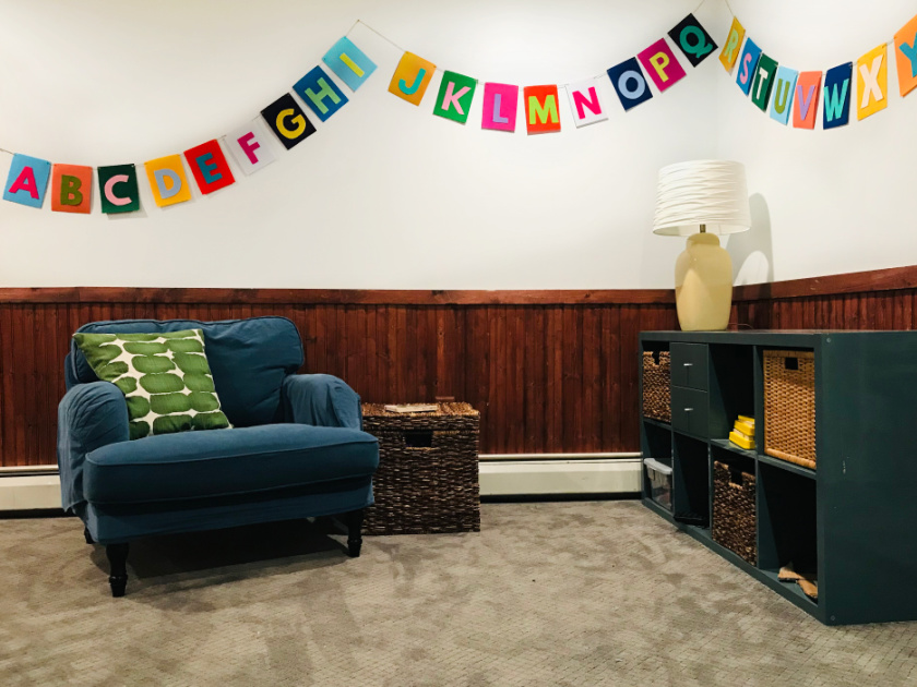 playroom with DIY alphabet banner