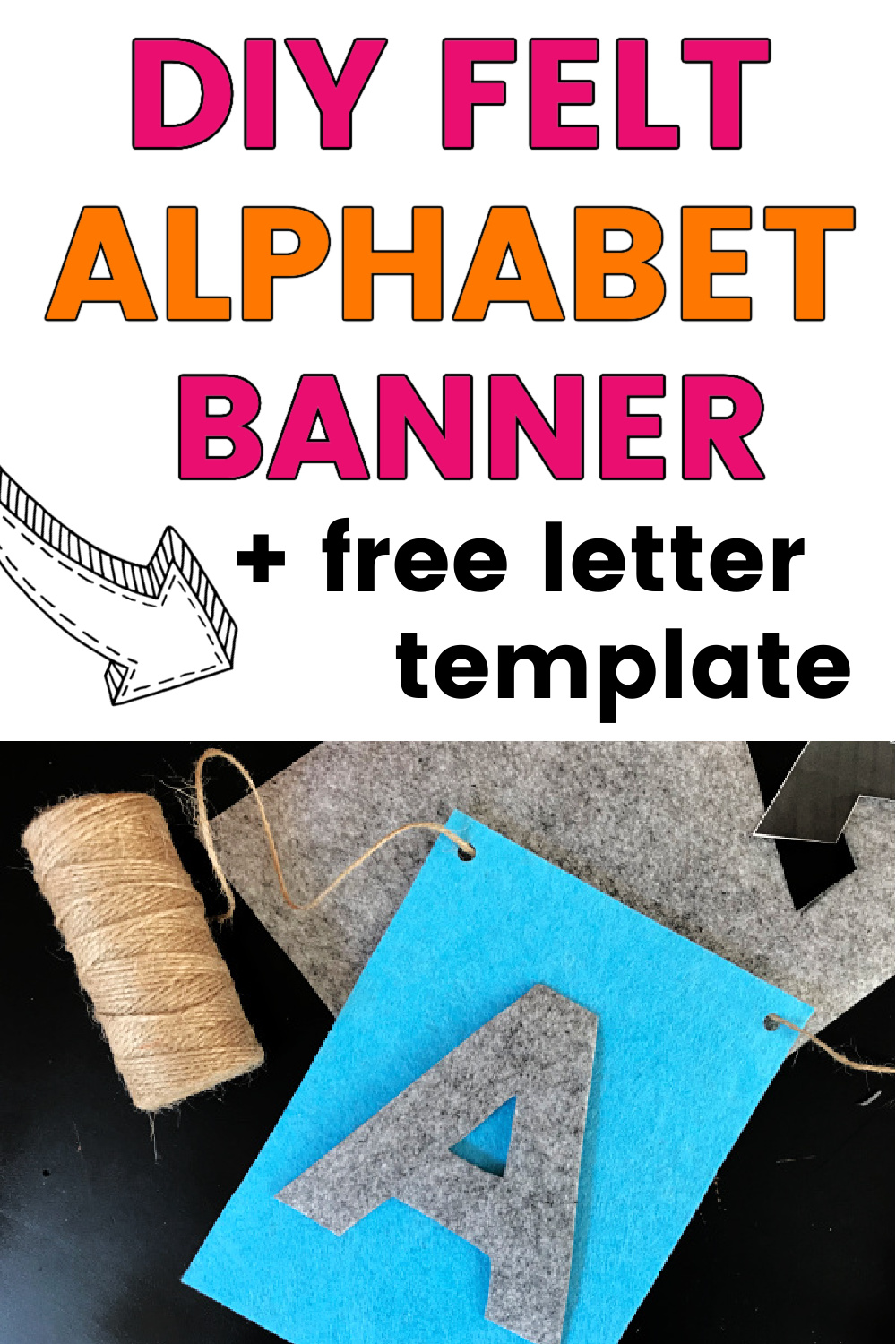 gray felt letter "A" on blue felt rectangle next to twine spool, with text overlay, "DIY Felt Alphabet Banner + free letter template"