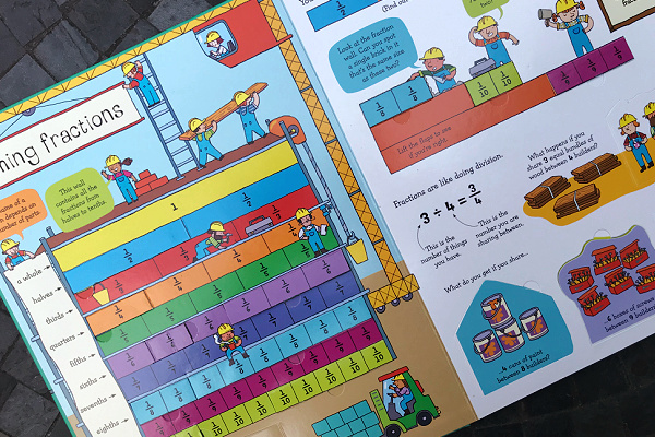 page of lift the flap fractions and decimals Usborne book