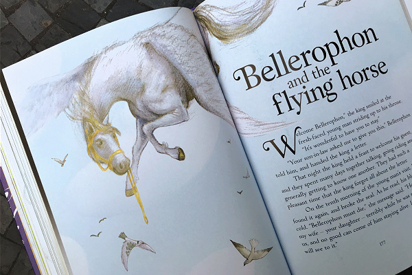 Bellerophon and the flying horse first page in Usborne Book of Greek Myths