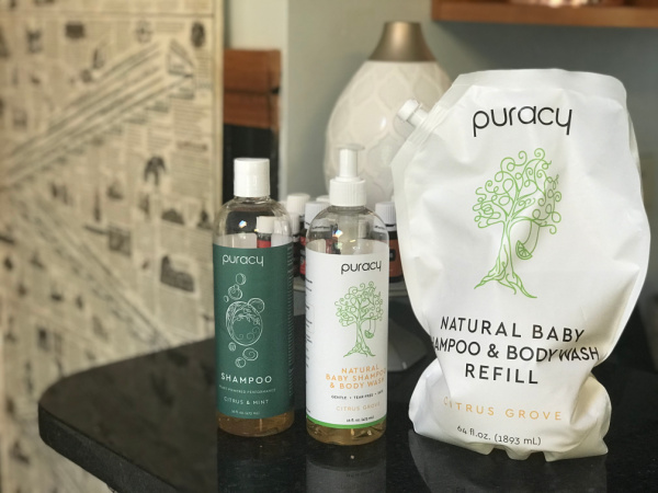 puracy natural baby shampoo & bodywash refill with puracy shampoo and bodywash bottles on counter
