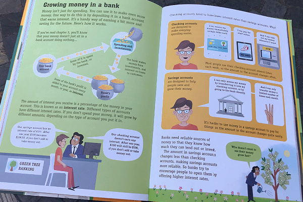 "Growing money in the bank" page in Usborne's Understanding Money book