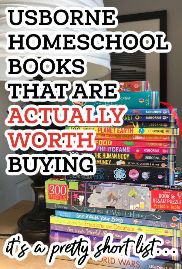 stack of Usborne books for homeschooling with text overlay "usborne homeschool books that are actually worth buying"