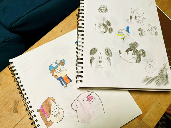 artwork on sketchpad, mickey mouse and gravity falls characters