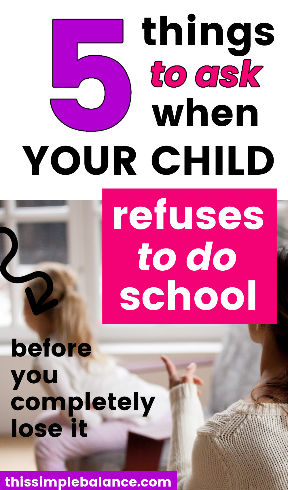 mom pointing finger at daughter whose back is turned, refusing to do school work, with text overlay, "5 things to ask when your child refuses to do school - before you completely lose it"