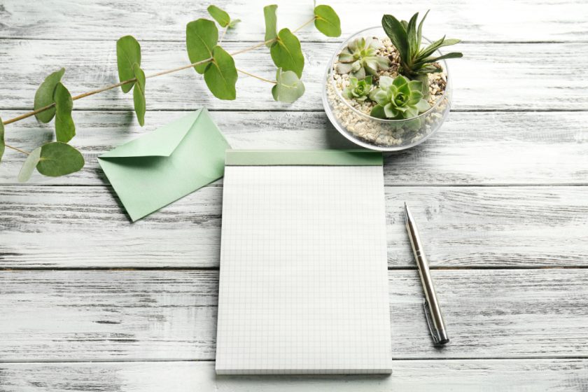 Blank notepad, pen, envelope and succulents on wooden background