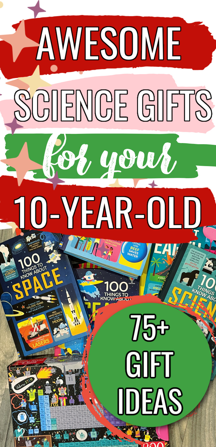 Usborne Things to Know Books and Periodic Table Puzzle with Text Overlay, "Awesome Science Gifts for your 10-Year-Old - 75+ GIft IDeas"