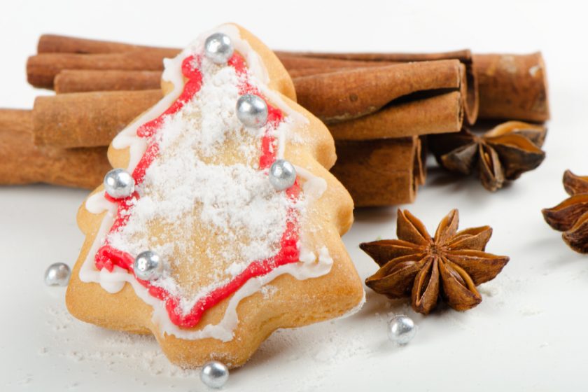 sloppily decorated christmas cookie resting on cinnamon sticks