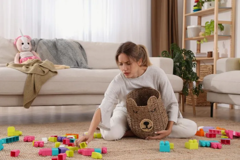 Tired young mother sitting on floor in messy living room, picking up blocks