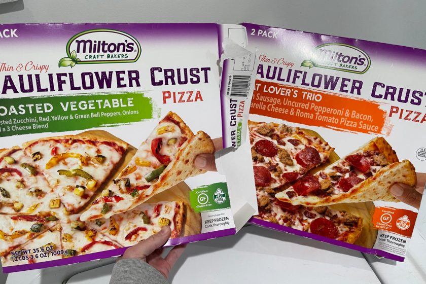 Milton's Craft Bakers' Cauliflower crust pizza - roasted vegetable and meat lover's trio