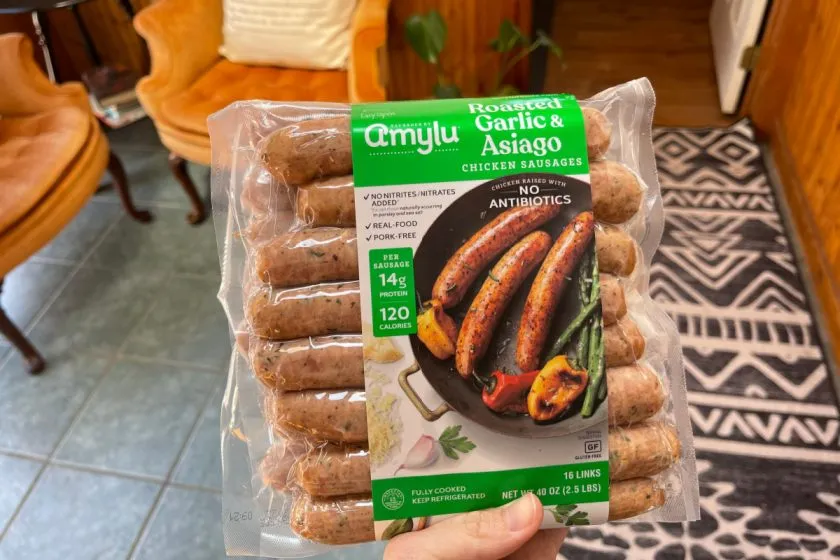 Pack of roasted garlic and asiago chicken sausage from costco for easy meals