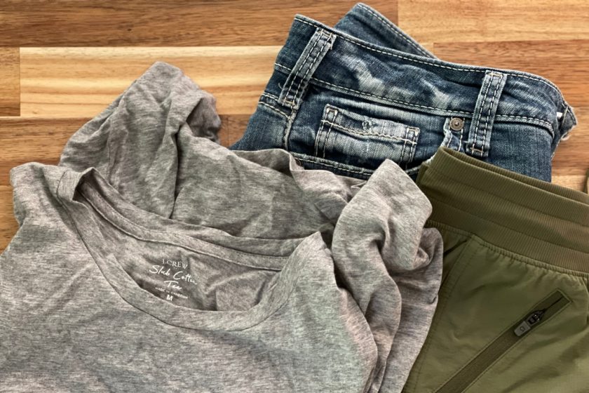 summer daily uniform: gray jcrew slub cotton tee, blue jean shorts and olive green hiking shorts