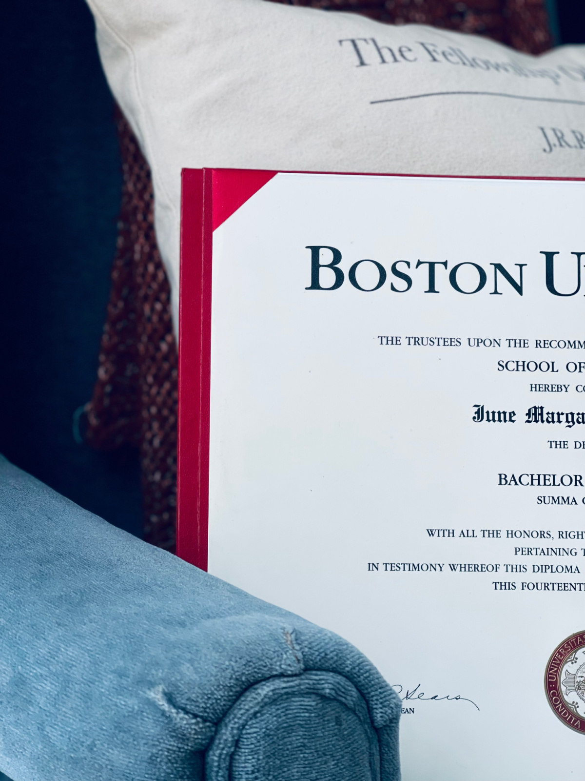 Half of a college diploma from Boston University