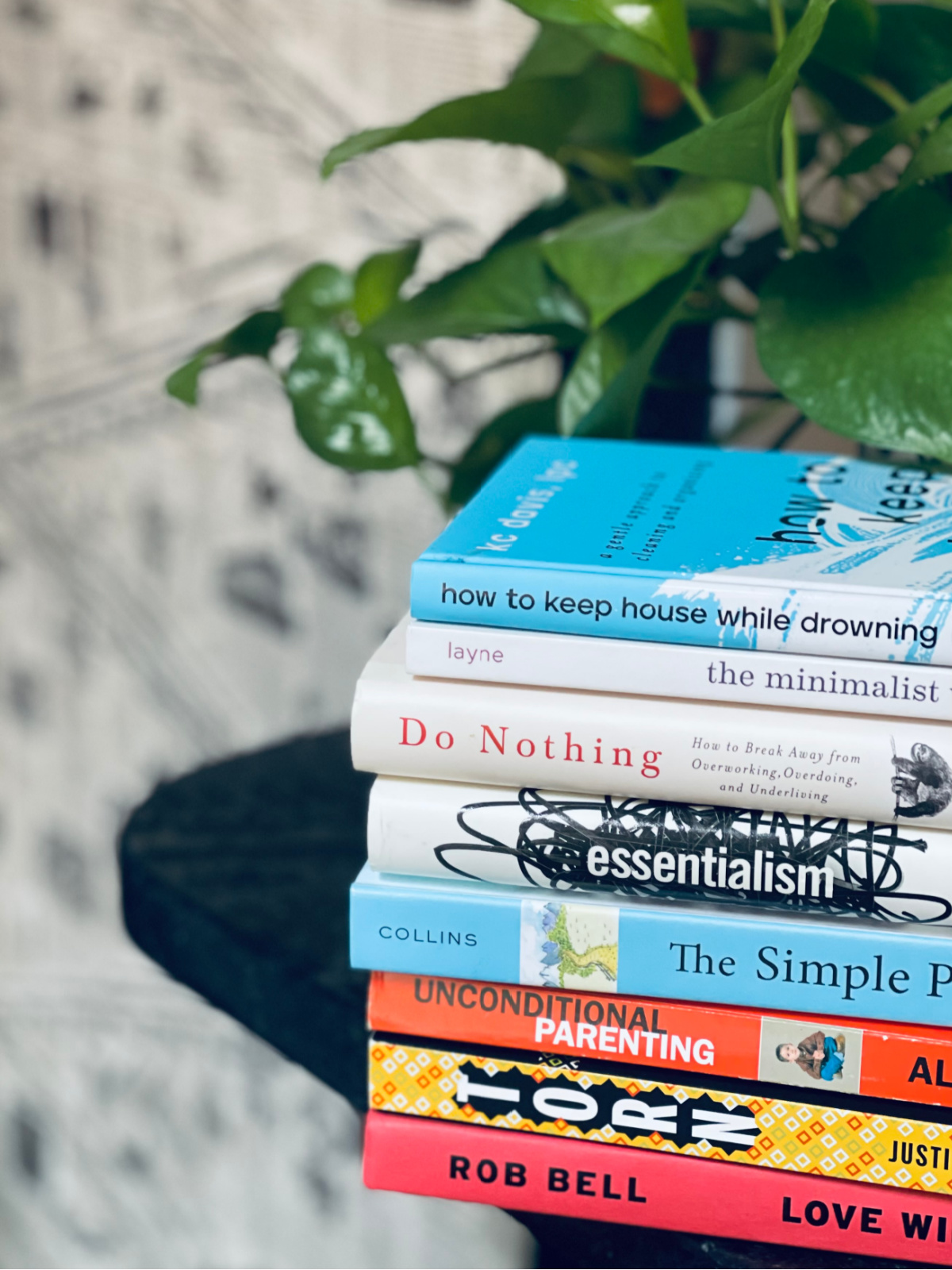 stack of non fiction books, sitting on black countertop with plant in background