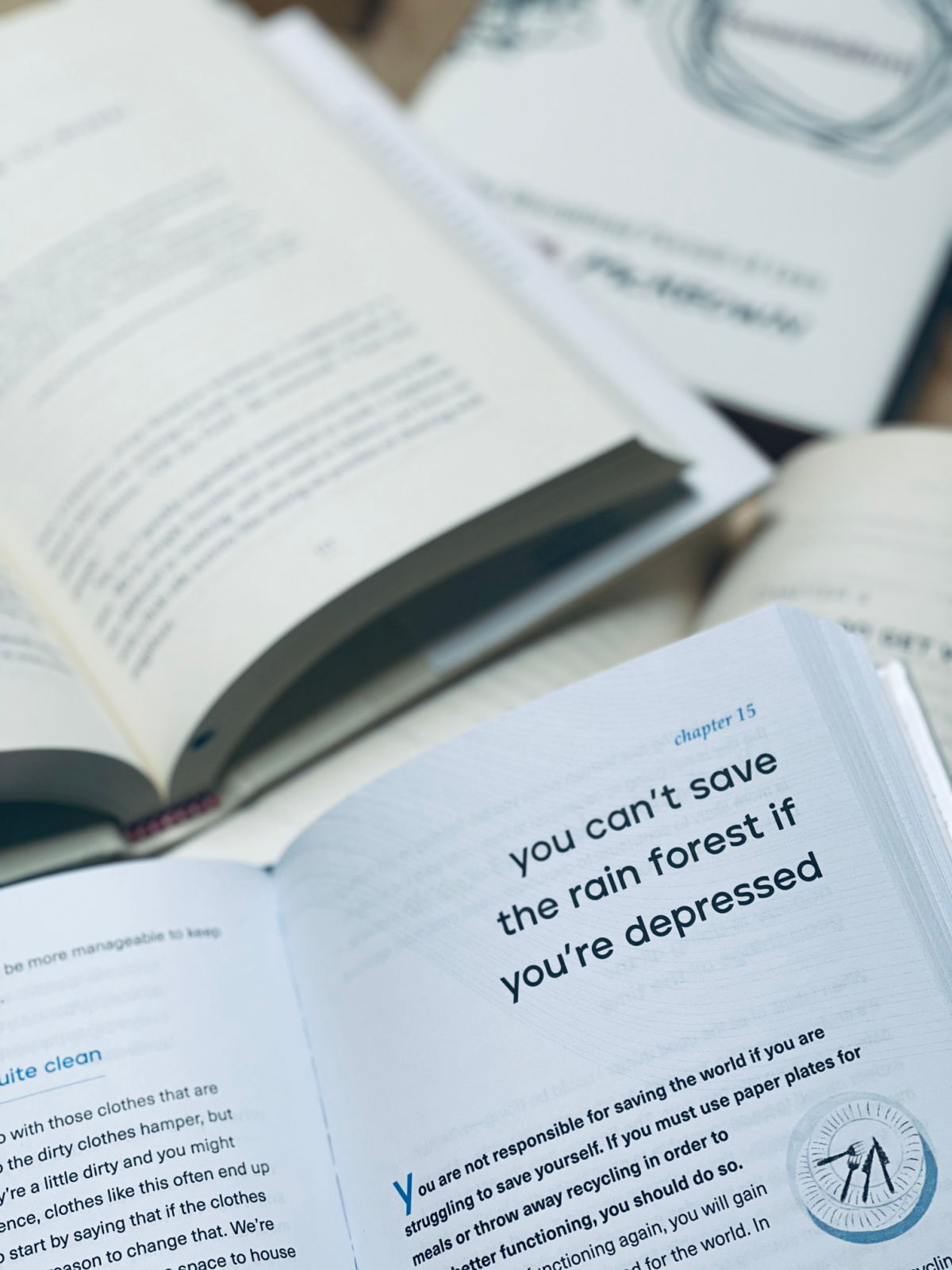 how to keep a clean house while drowning book open to chapter 15 "you can't save the rain forest if you're depressed"