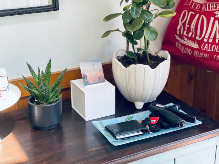 entryway table in minimalist home with dish for keys and wallet, plants and quote box