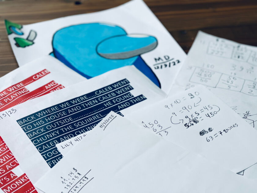 physical homeschool work kept for unschooling portfolio