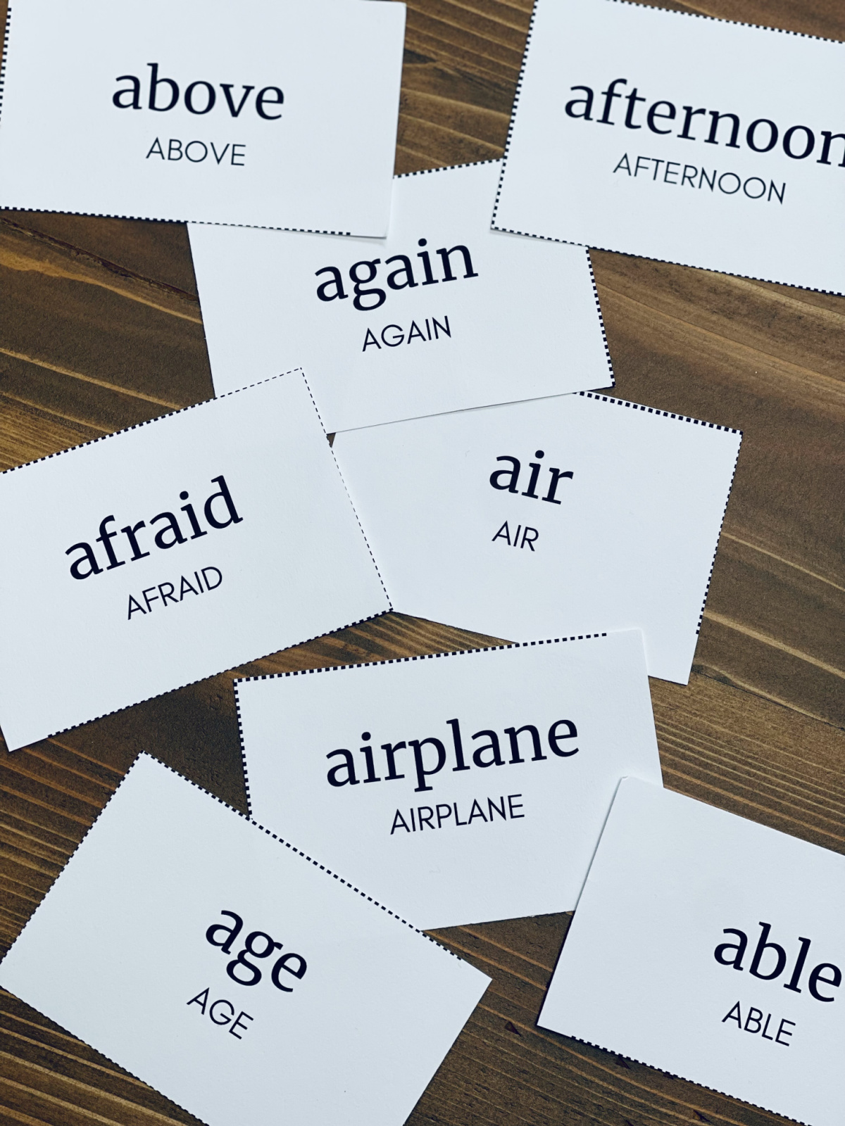 spelling flash cards with "A" words, like again and afraid.