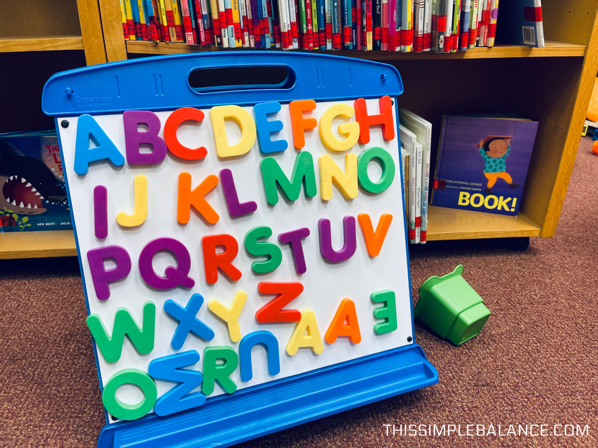 library white board with magnetic alphabet letters