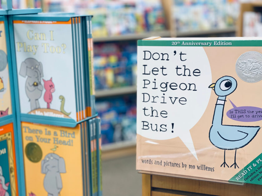 Mo Willem's "Don't Let the Pigeon Drive the Bus!" in bookstore with other books.