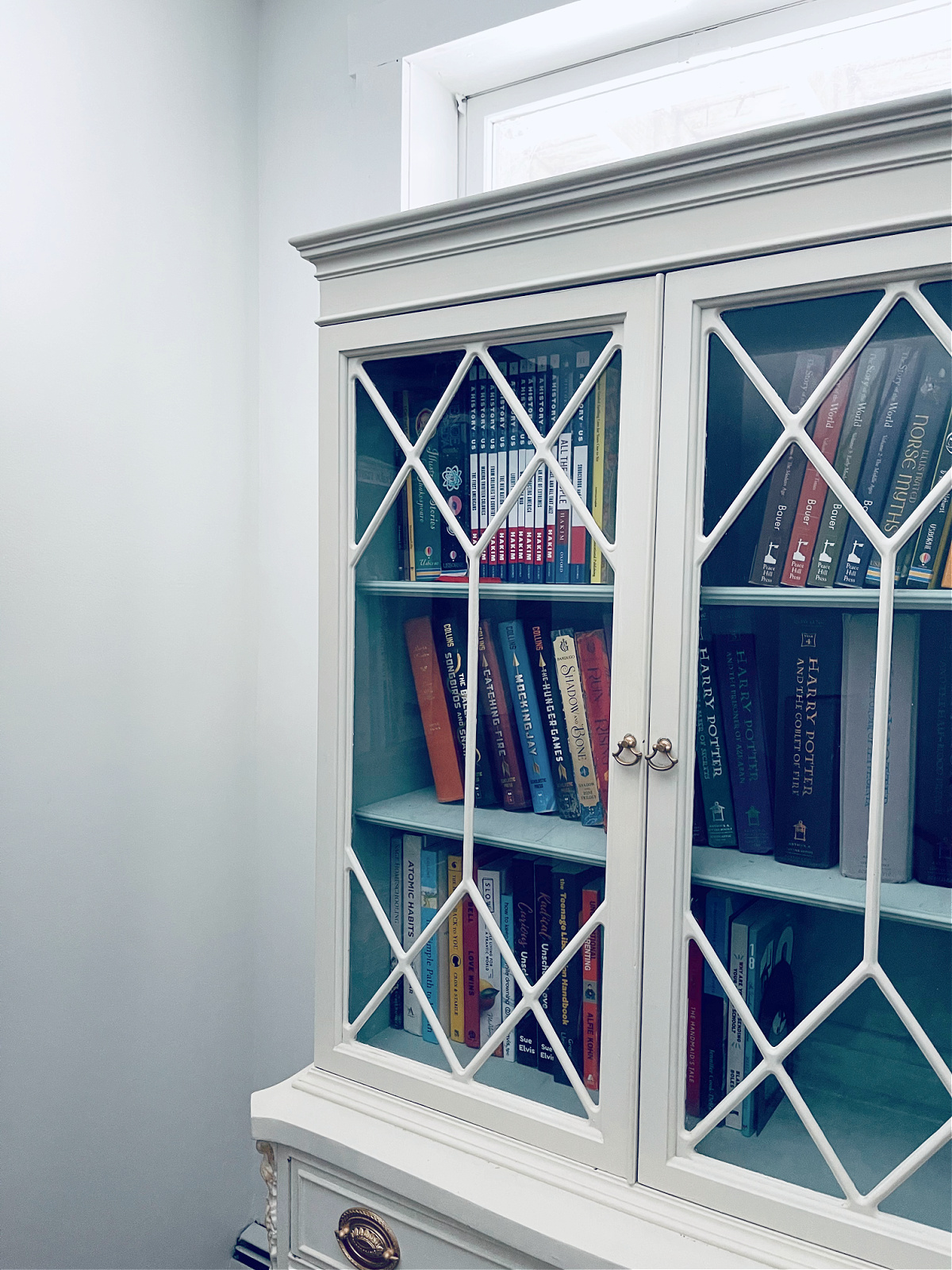 bookshelf with glass doors and light blue painted shelves.