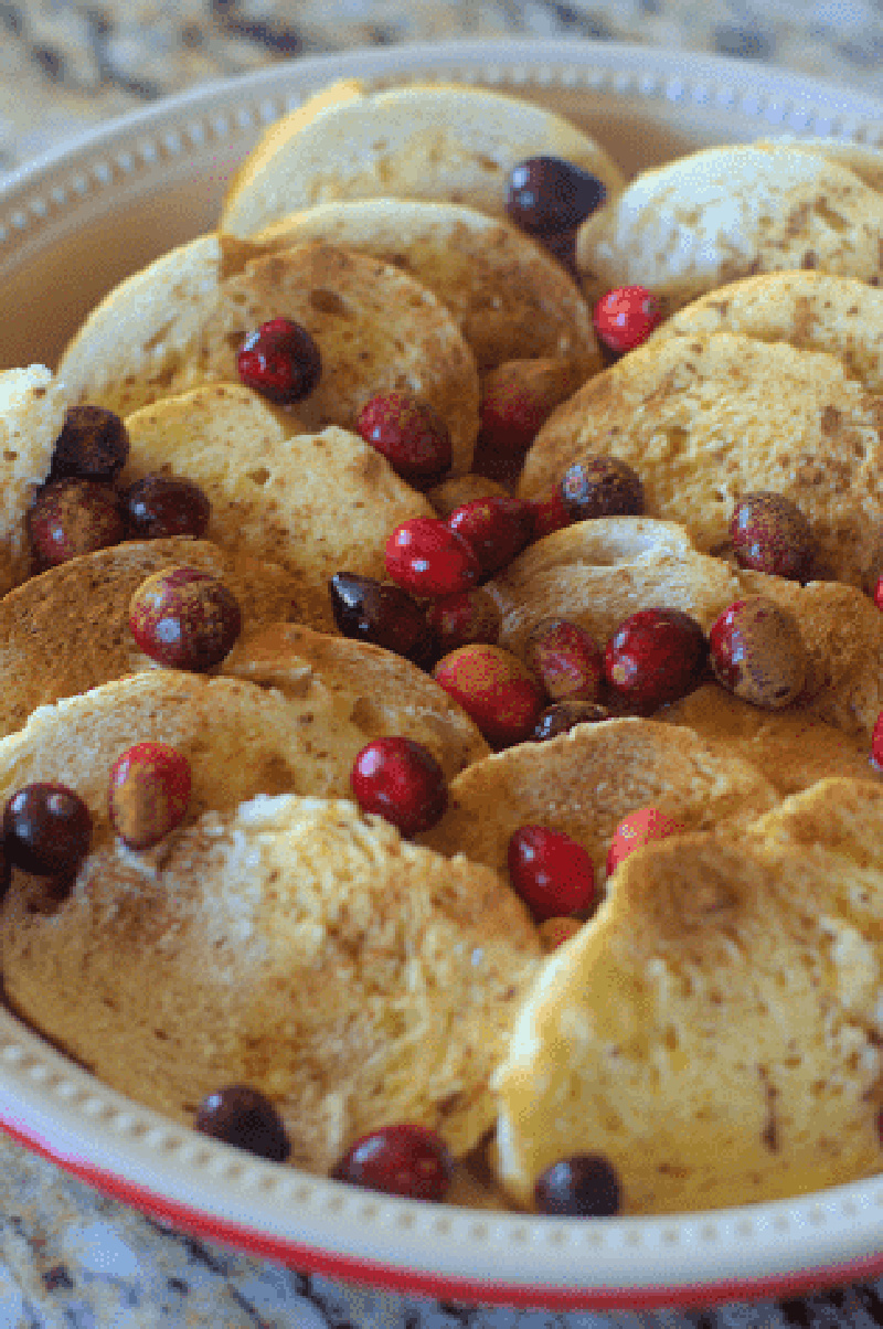 overnight cranberry French toast in casserole dish up close.