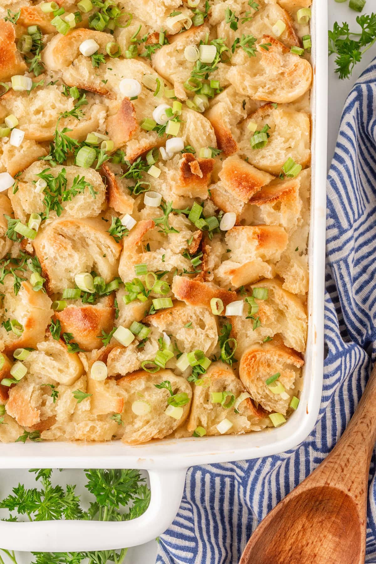 chicken casserole with torn baguette.