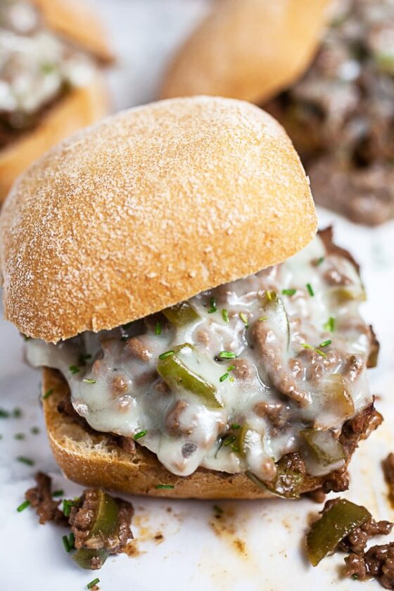 philly cheesesteak sloppy joes on small bun. 