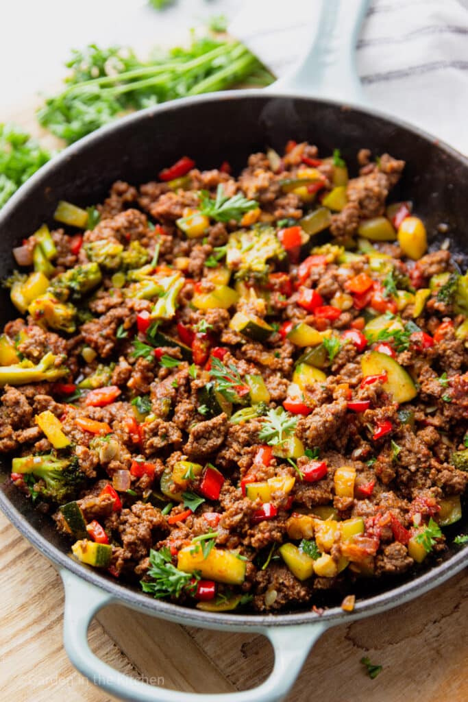 ground beef veggie skillet in pan.