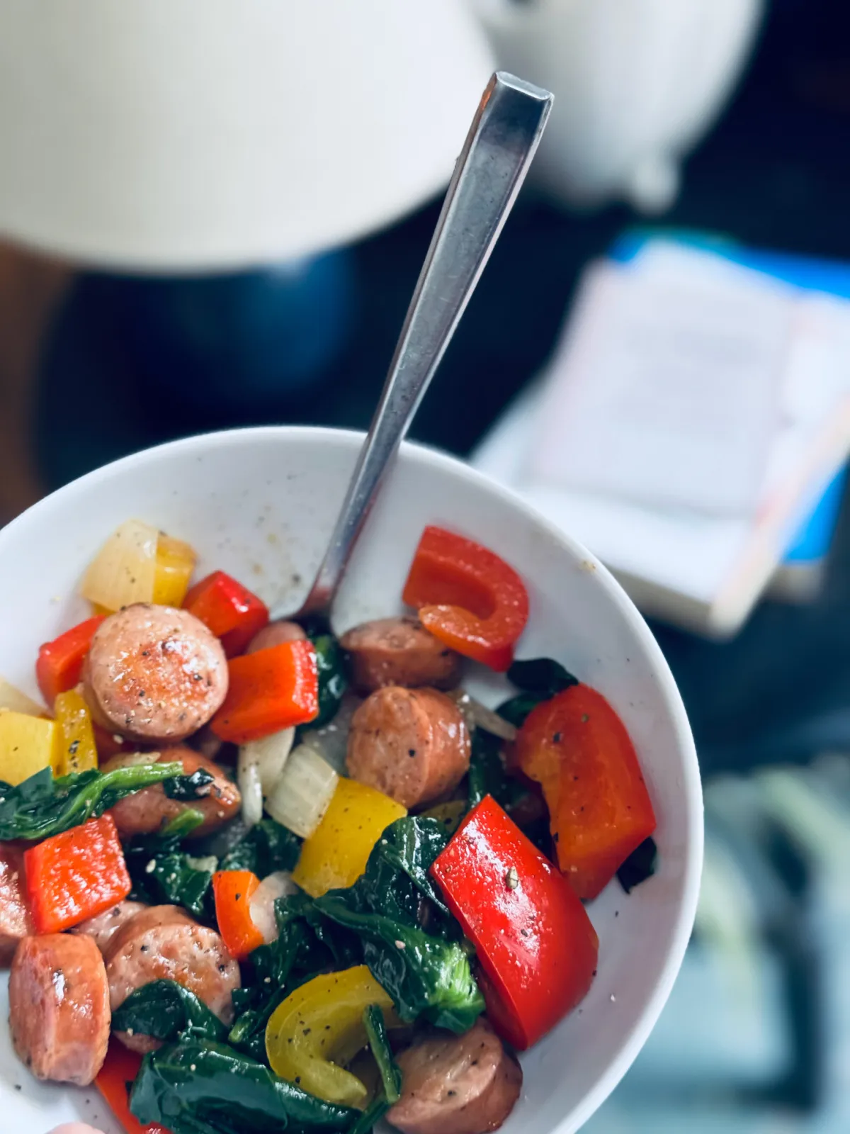 Costco chickens sausage stir fry in bowl.