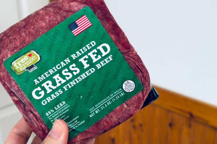 package of American raised grass fed ground beef.