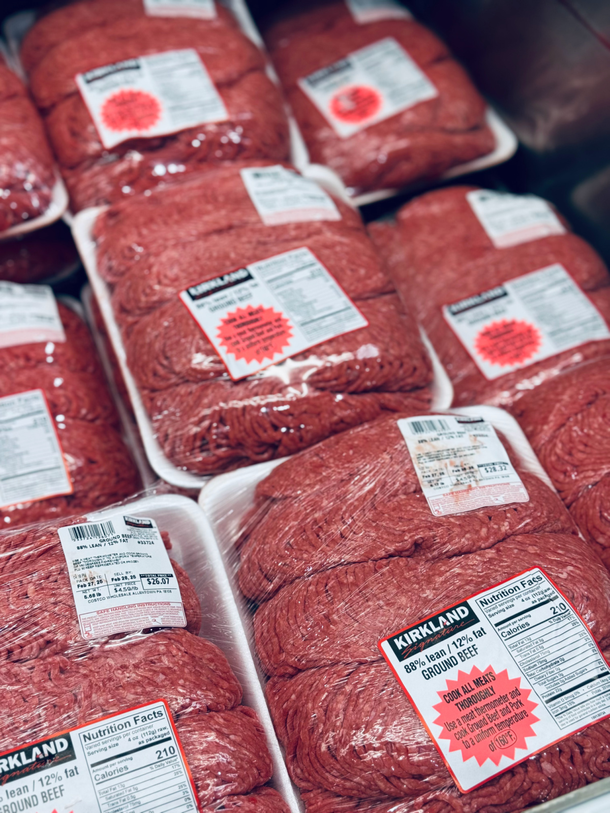 packages of Kirkland ground beef.