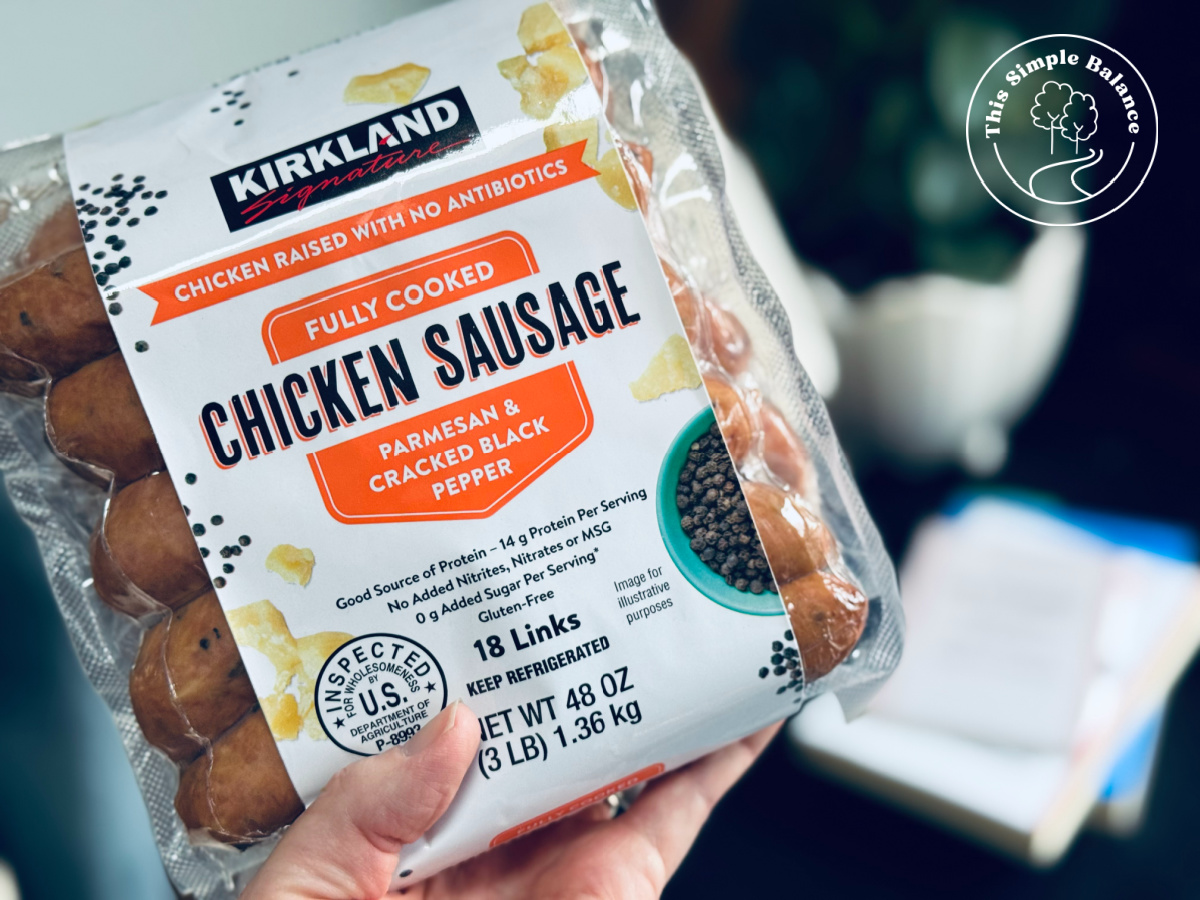 Kirkland fully cooked chicken sausage parmesan and cracked black pepper close up.
