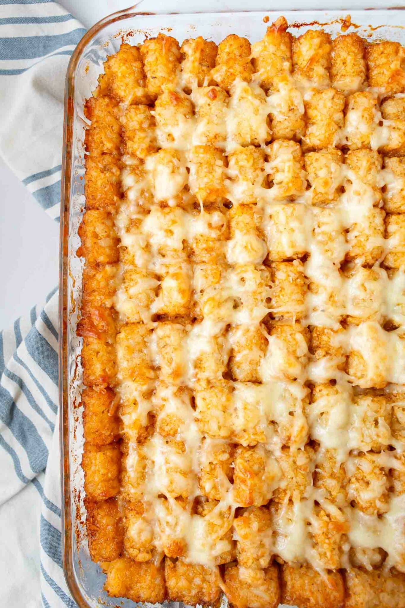 sloppy joe casserole with tater tots, from the top down. 