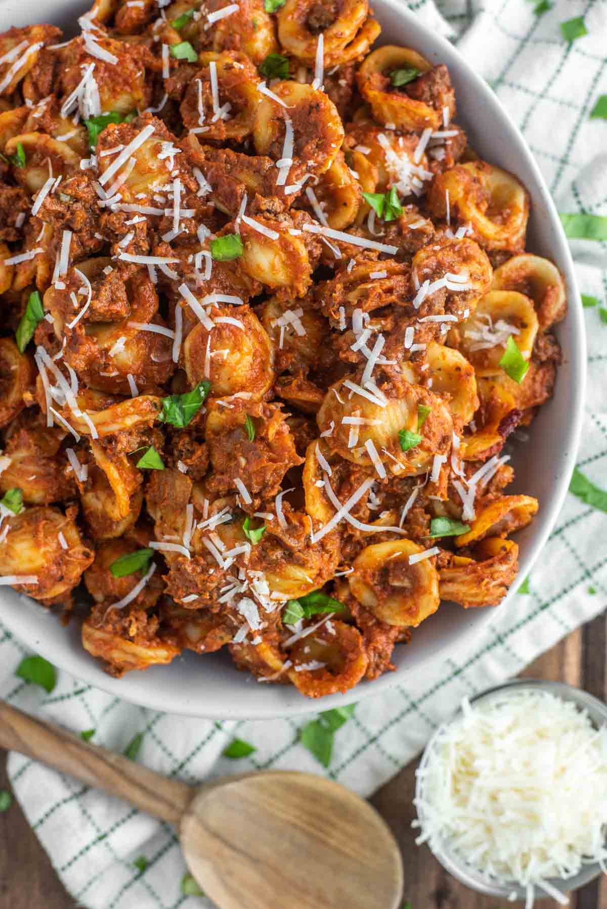 simple bolognese sauce with orecchiette and freshly grated parmesan and freshly chopped parsley.