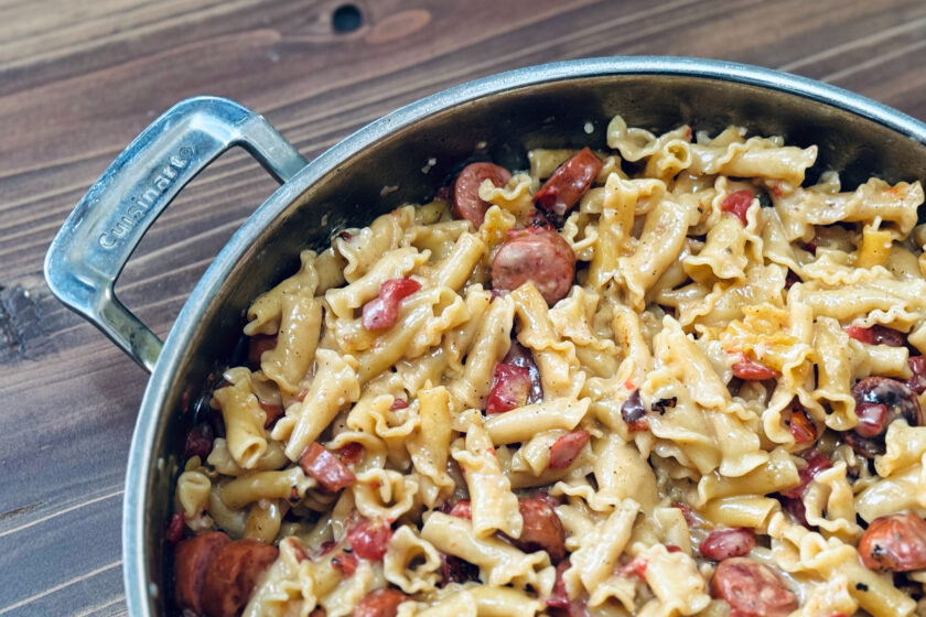 jalapeno sausage skillet cooked in pan.
