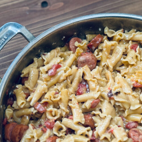 jalapeno sausage skillet cooked in pan.