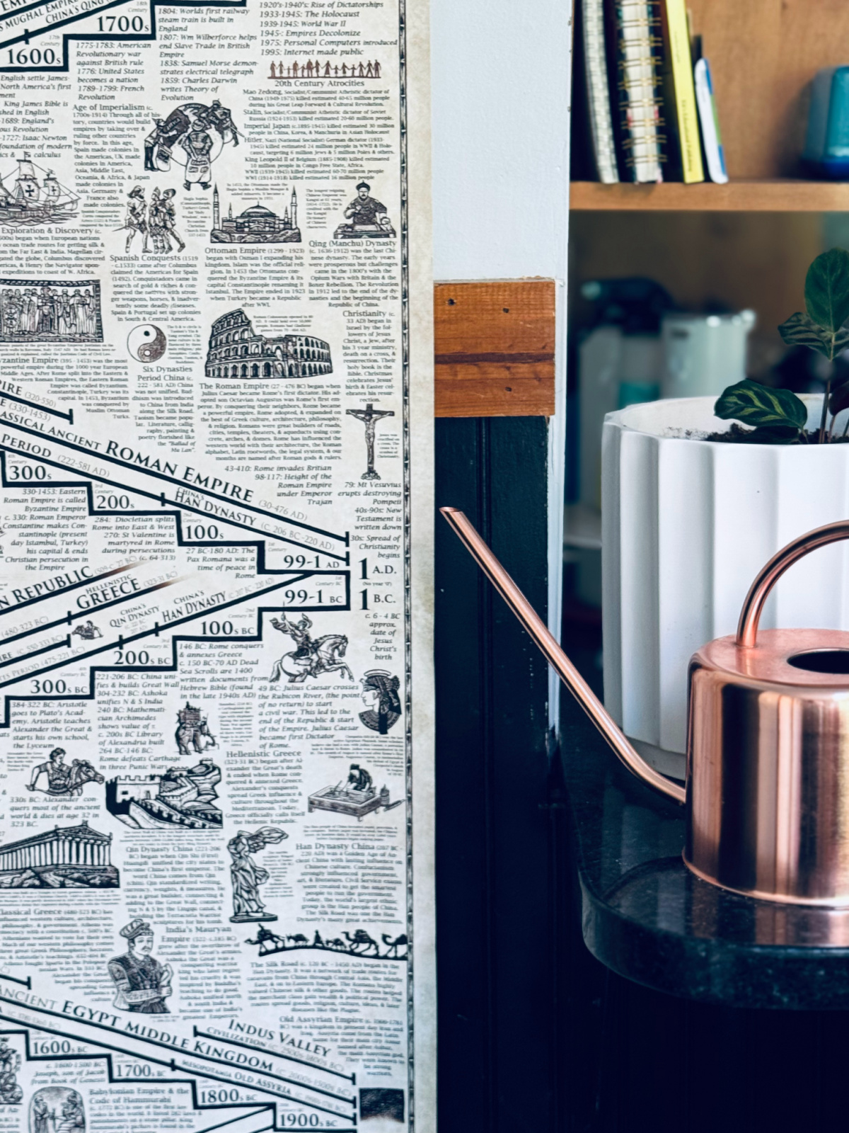 History Timeline poster in focus with copper watering can nearby.