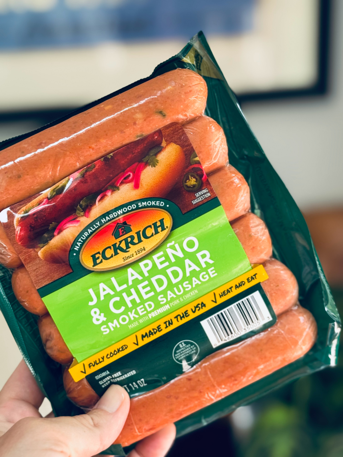package of Eckrich jalapeno cheddar smoked sausage.