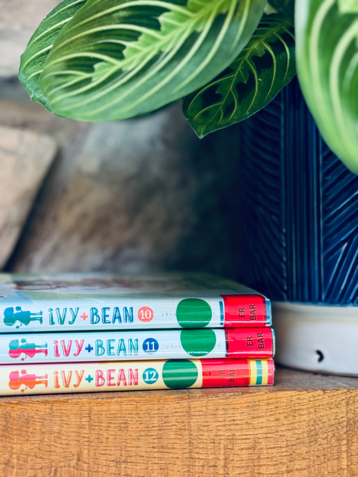 Ivy & Bean books from the library on shelf with plant in background.