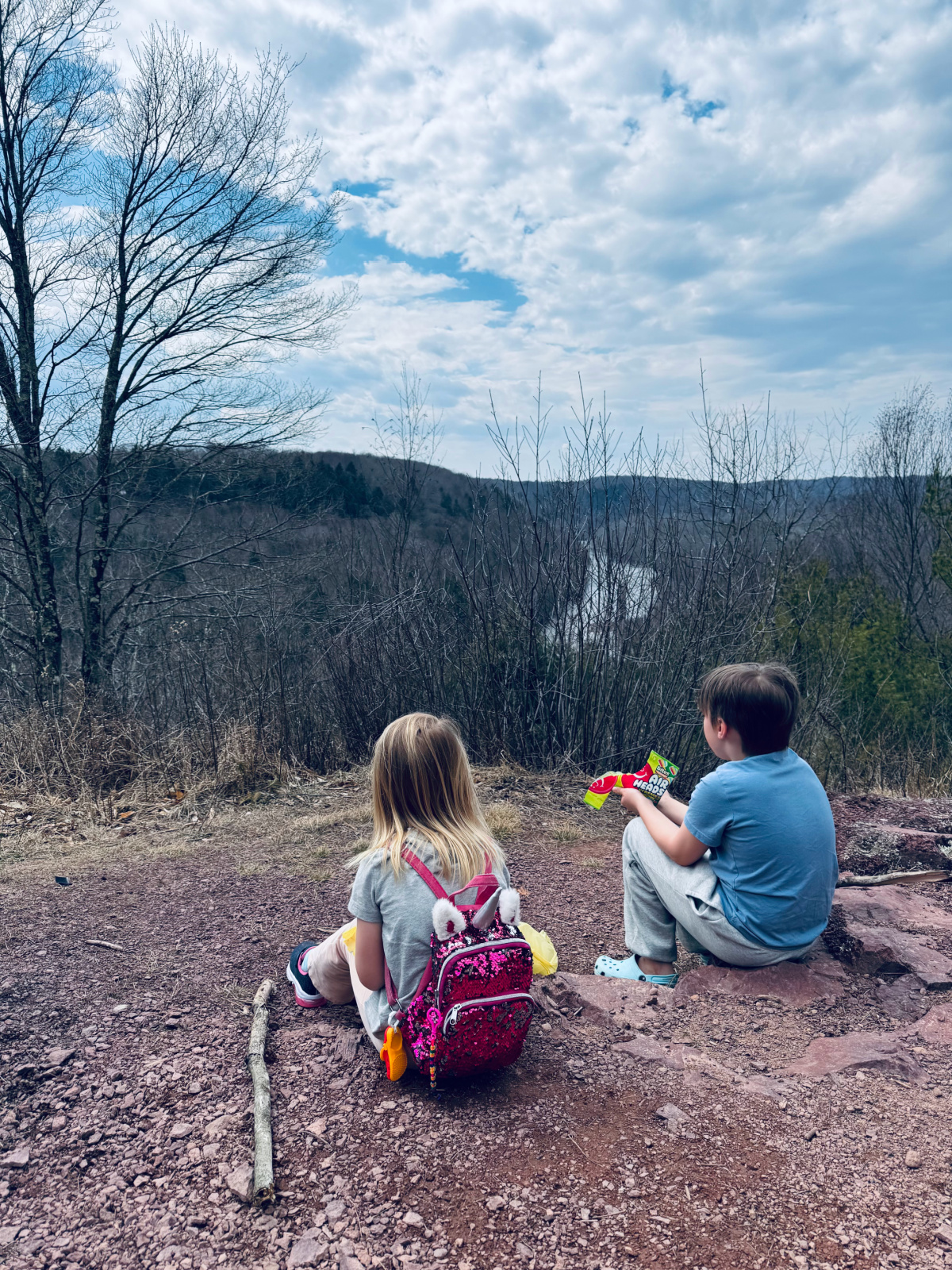 two unschooled kids sitting on mountaintop looking at the view.