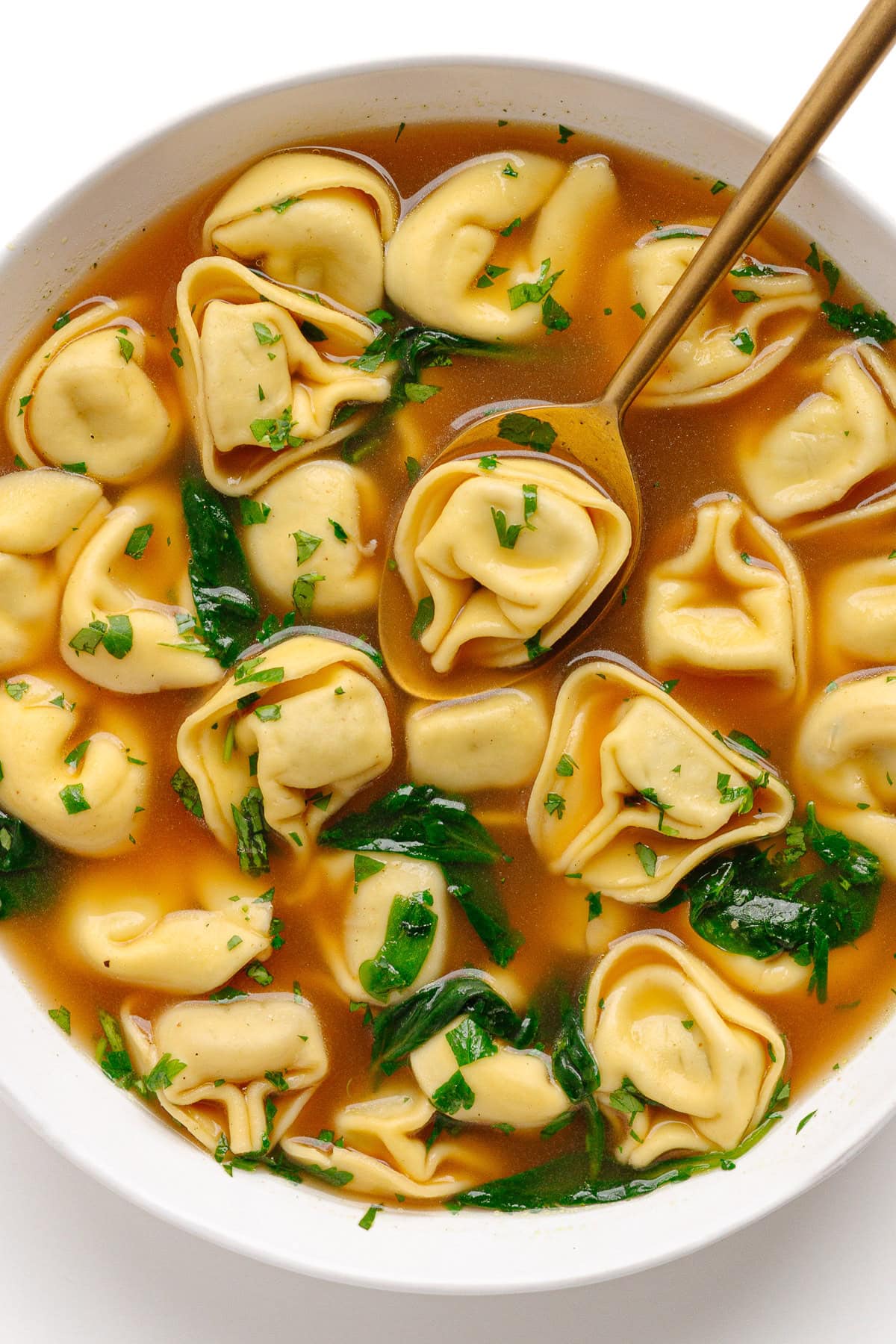 beef tortellini soup in white bowl with spoon.
