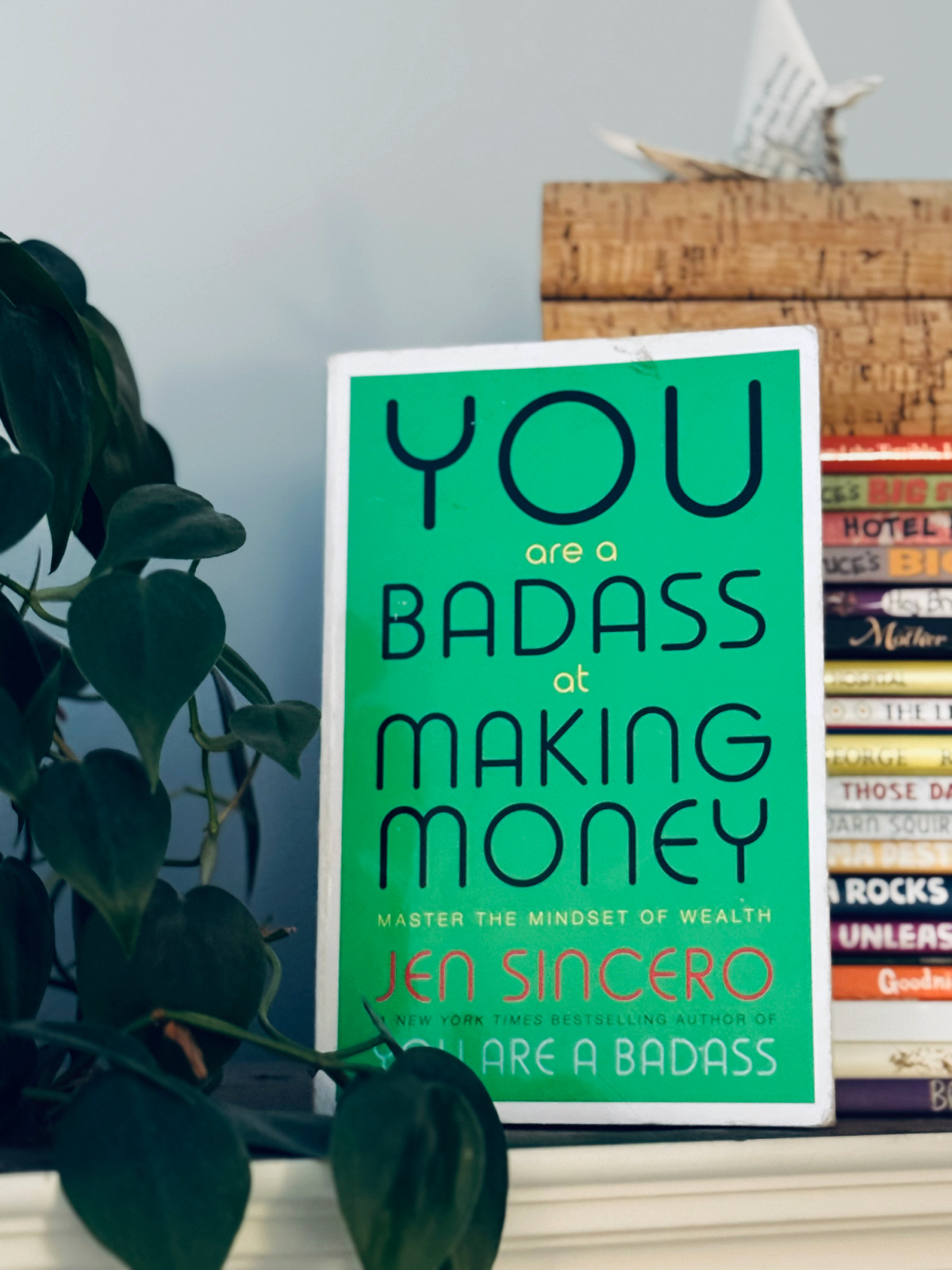 picture of the book "You Are a Badass at Making Money" on bookshelf, earn second income to homeschool concept.