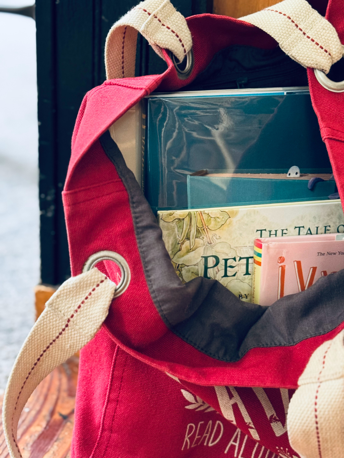 library book bag with library books showing.