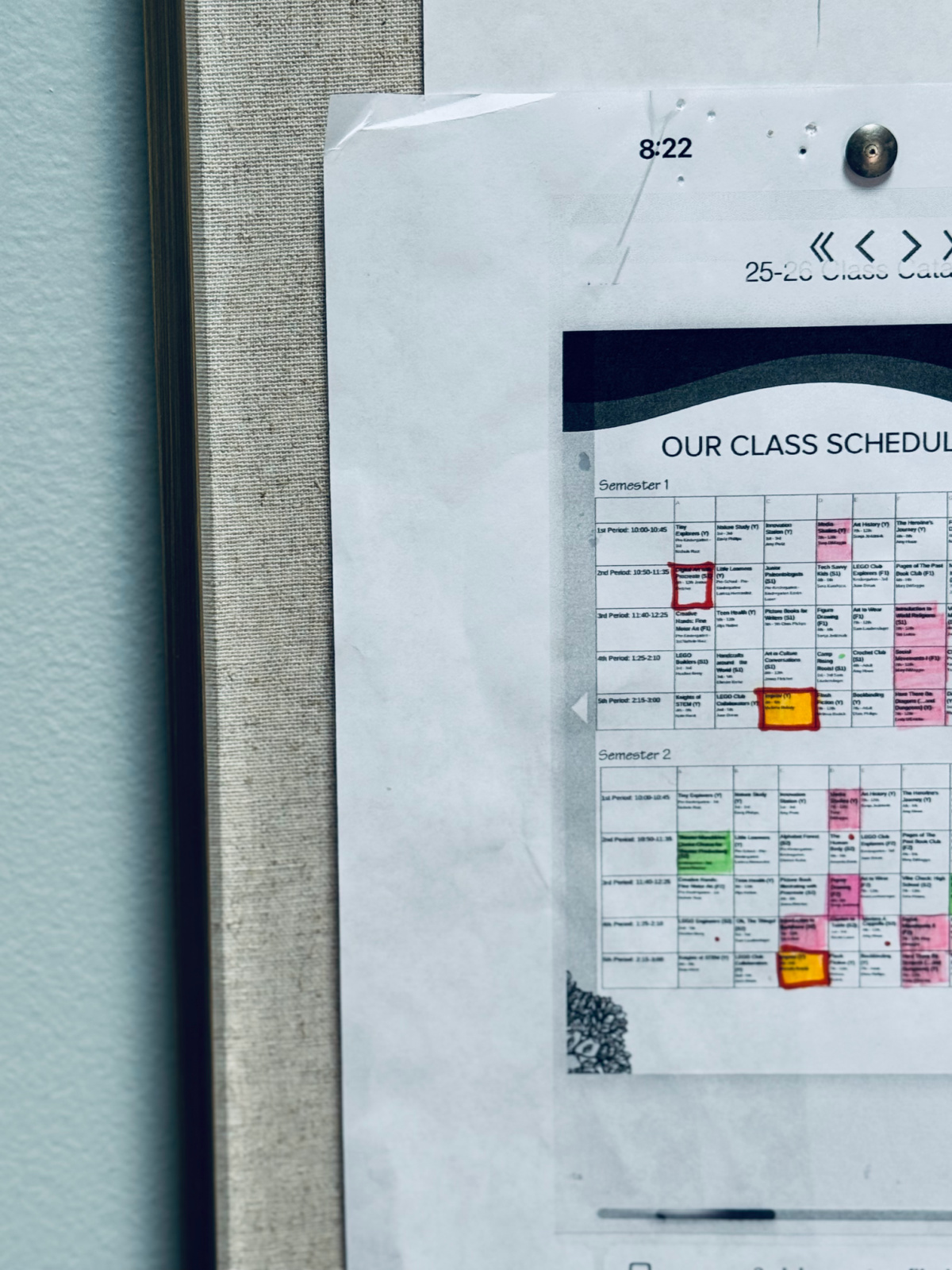 co-op schedule on bulletin board.
