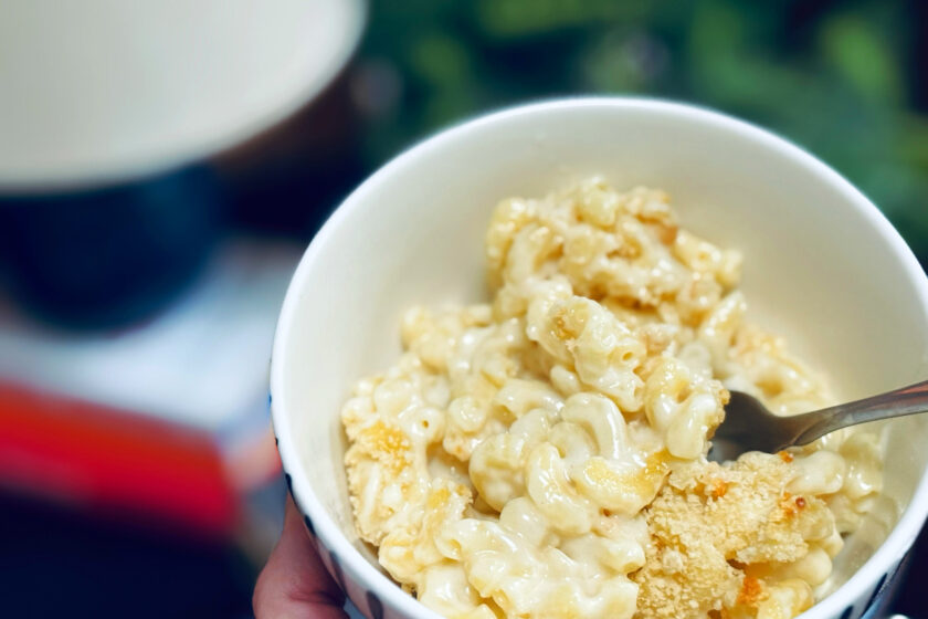 bowl with serving of Grandma's baked mac and cheese.